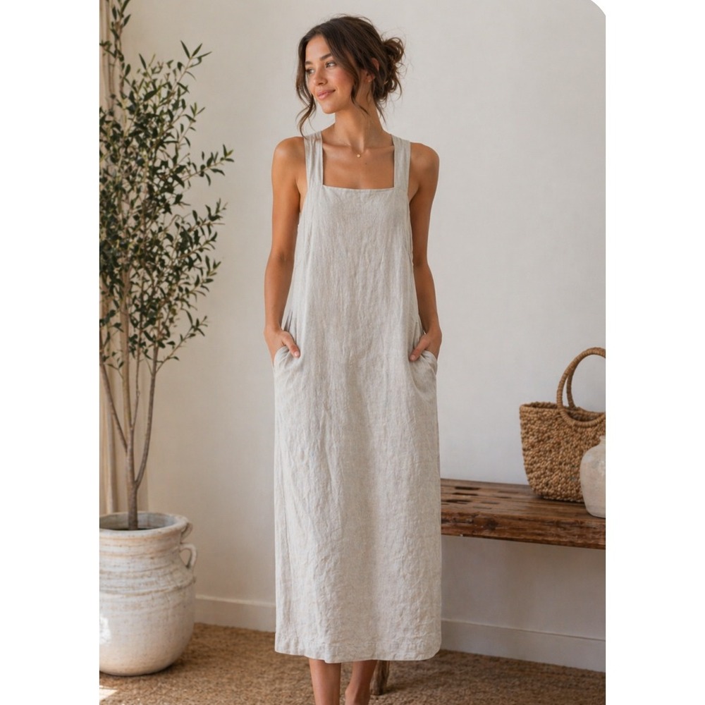 Express World Brand Linen Pinafore Midi Dress Beige Cross Back 5/6 Jumper 90s
